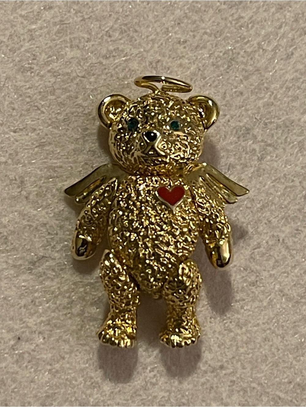 VTG BATYA GOLD TEDDY BEAR Articulated Brooch ANGEL HALO/WINGS Green Rhinestones